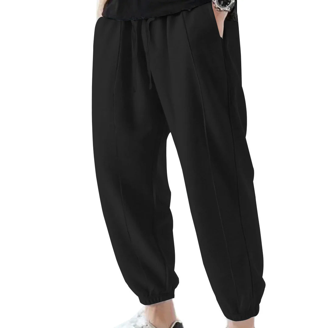 Solid color plus-size men's casual pants, loose lace-up pants