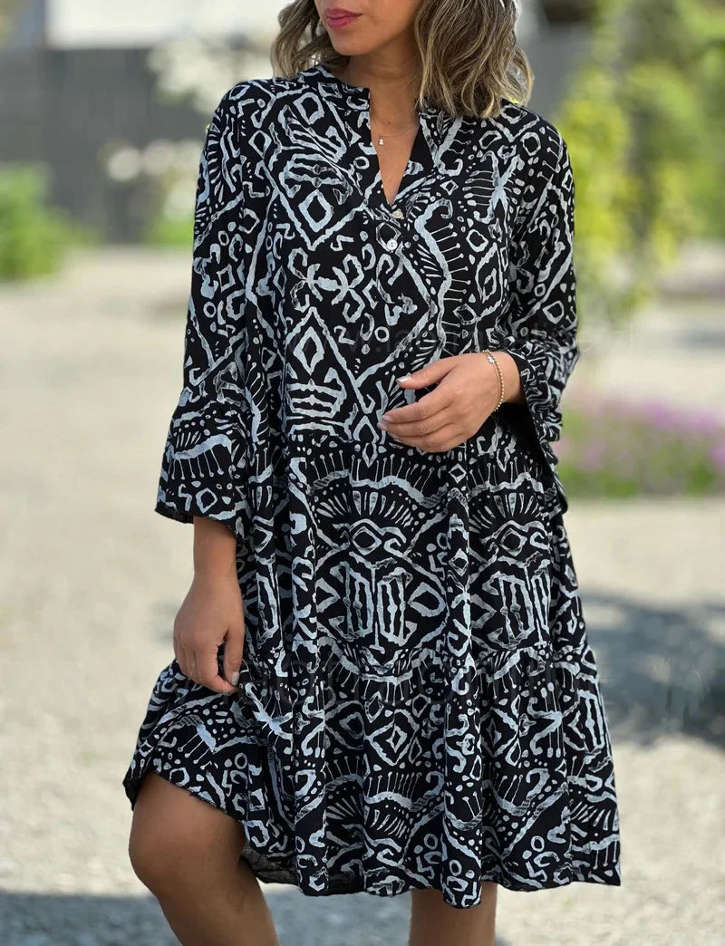 V-Neck Flared Sleeve Romantic Print Splicing Dress For Women